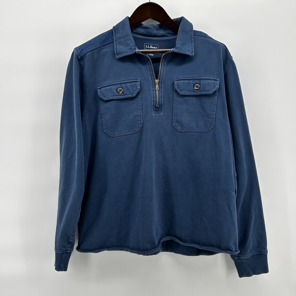L.L.Bean 1/4 Zip Heavy Pullover Mens L Washed Blue Hiking Utility Workwear